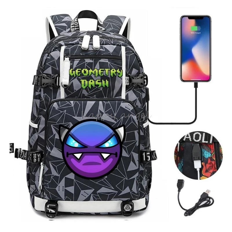 Geometry* Dash Printing Backpack Usb Charge School Bag Student Bookbag Backpacks