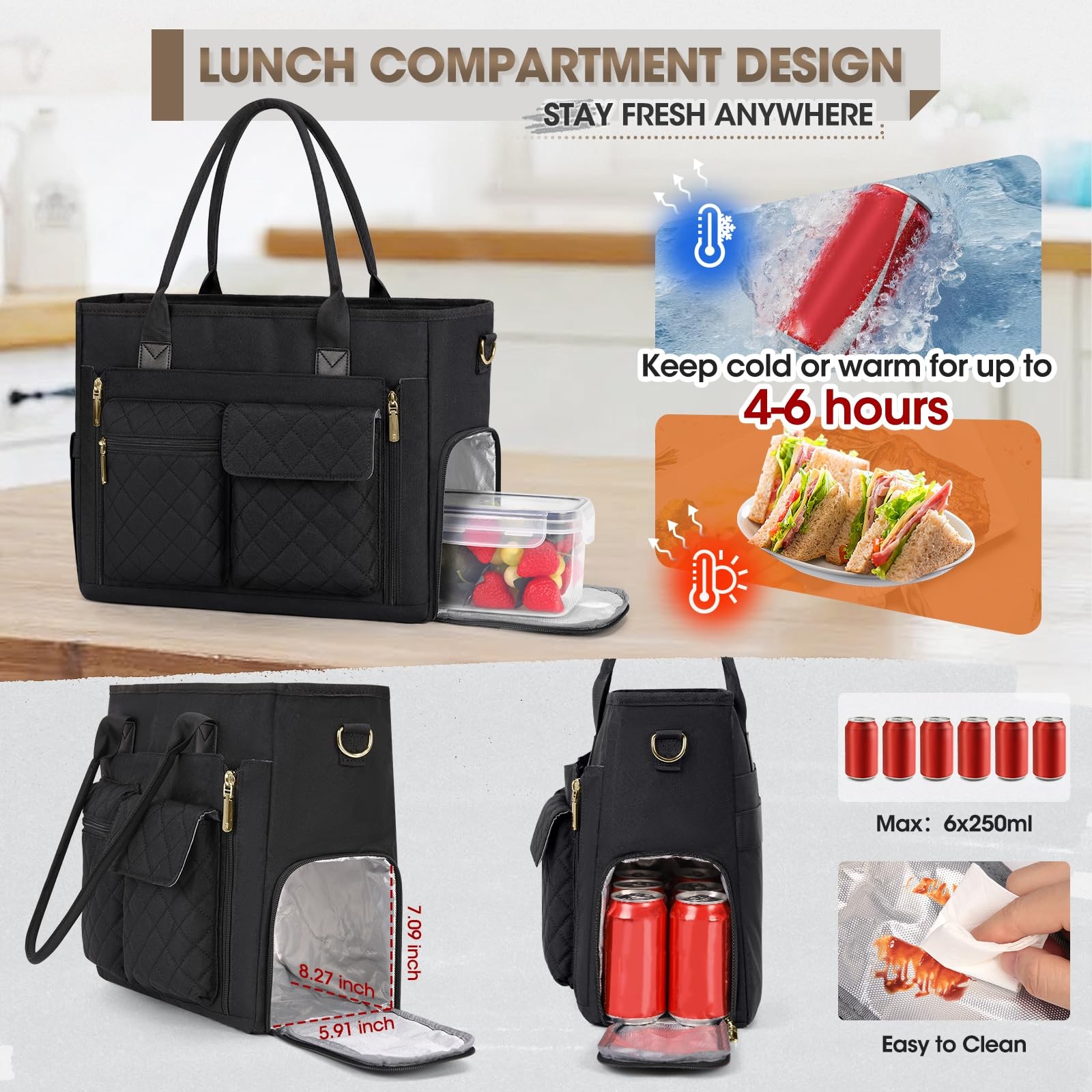 Teacher Tote Bag Insulated Lunch Compartment 15.6 Inch Laptop Women Nurse