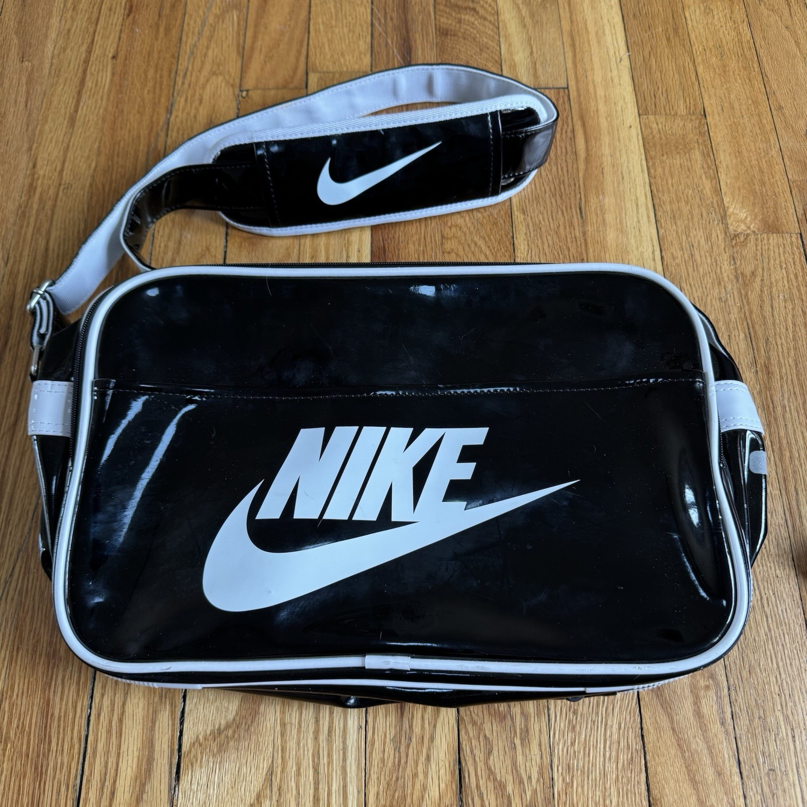 Vintage 90s Nike Patent Leather Messenger Bag Side Body Black White Swoosh Sport