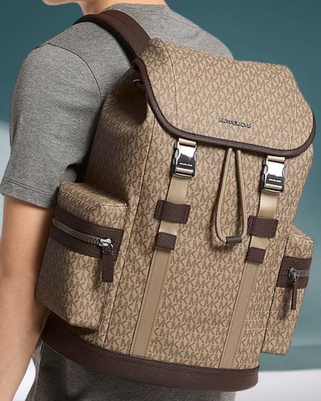Michael Kors Cooper Men MK Logo Print Canvas Travel School Pocket Backpack Camel