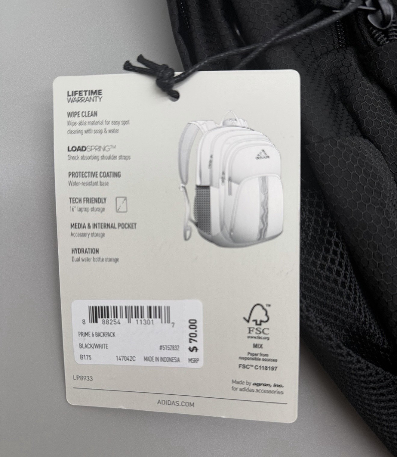 adidas Prime 6 Backpack Black 16” Laptop School Travel Bookbag NWT