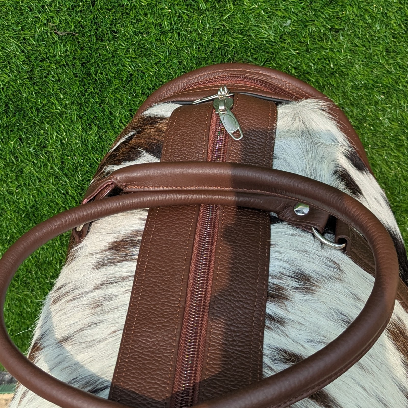 Handmade Cowhide Leather Duffle Bag Genuine Hair-On Hide Travel Gym Weekend Bag