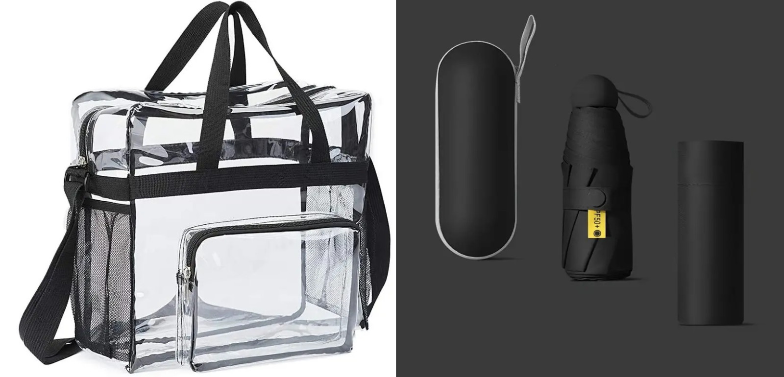 Clear Handbags With Side Bottle Pockets and 1pc Compact Mini Capsule Umbrella