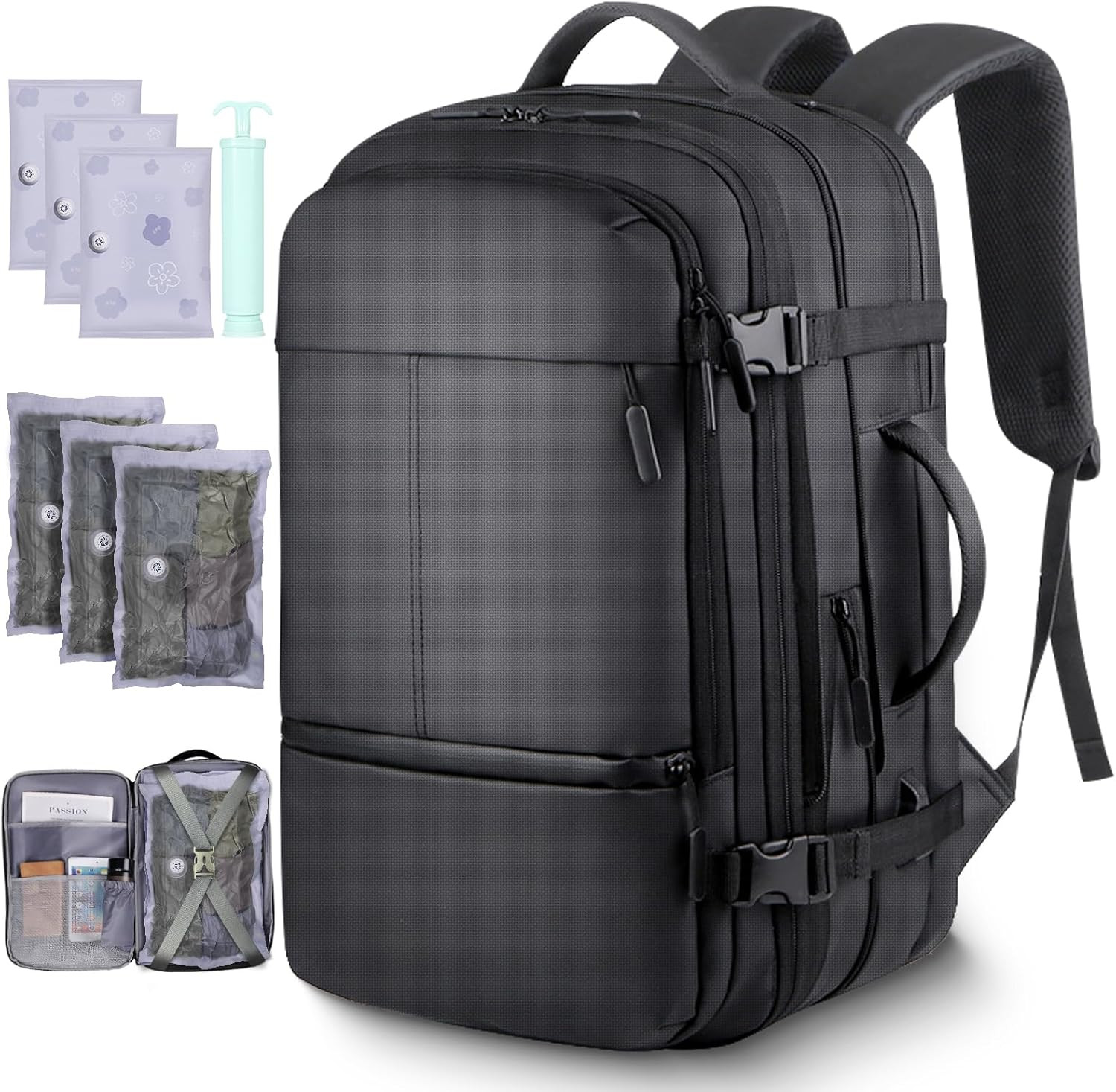 Waterproof Expandable Vacuum Backpack with Compression Bags & Pump – Black