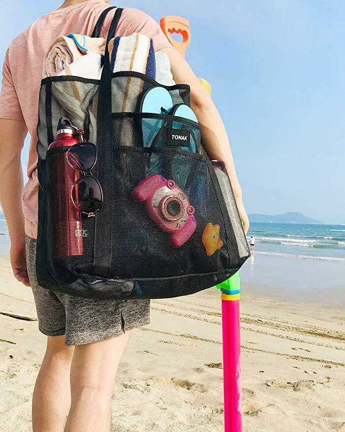 Extra Large Summer Beach Mesh Bag Picnic Tote w/Zipper N 8 Pockets XL 28″x15″x7″