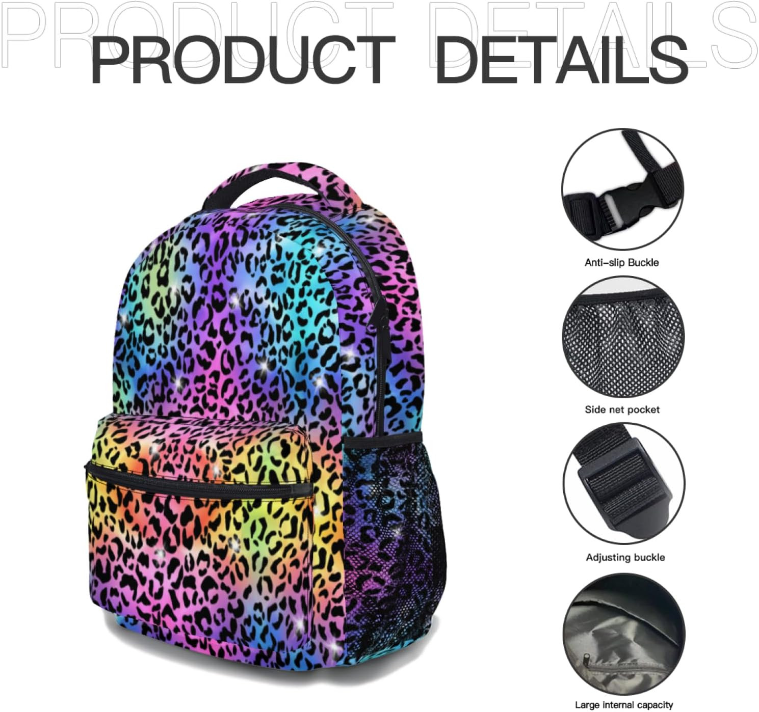 Rainbow Cheetah Backpack Neon Leopard Print Schoolbag Colorful Animal Print Lapt