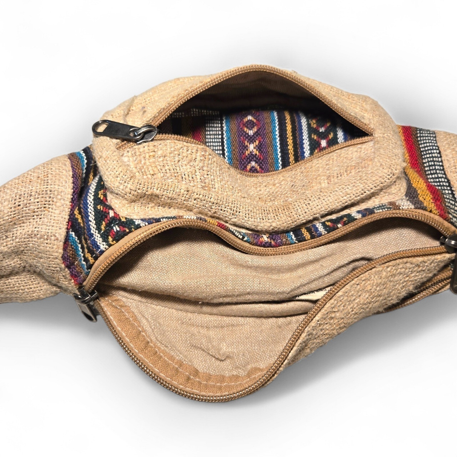 FREAKMANDU Hemp Fanny Pack Waist Bag Nepal Boho Hippy Festival Bag Tan Woven EUC