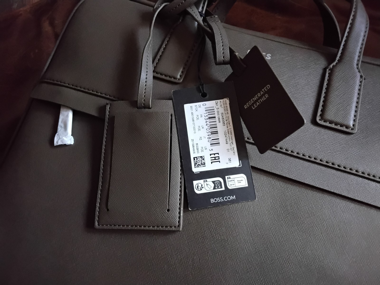 HUGO BOSS Mens Briefcase Doc Case Brown Khaki Regenerated Leather Logo ZAIR S