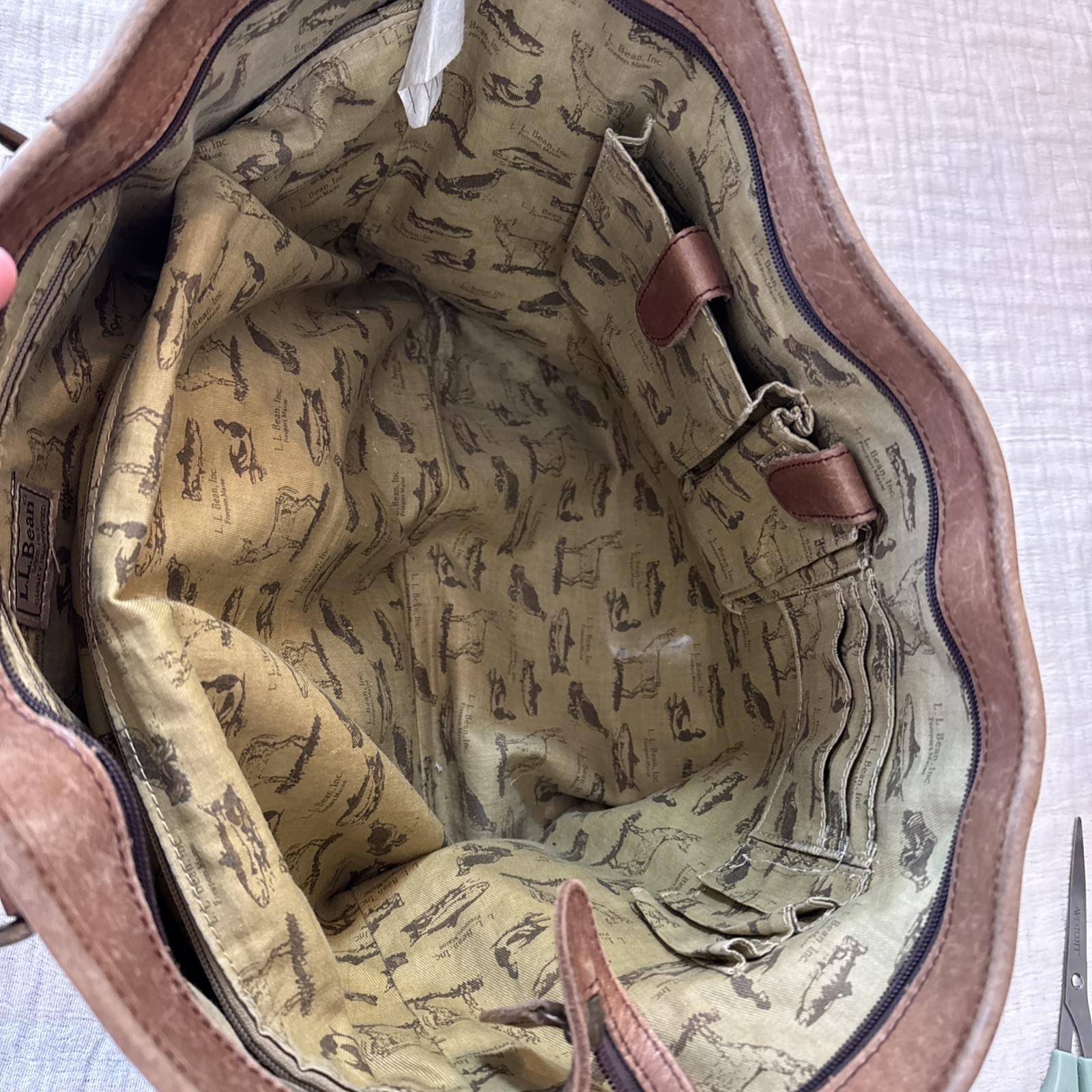 Vintage LL Bean Large Brown Leather Carryall Tote Bag Animal Print Lining