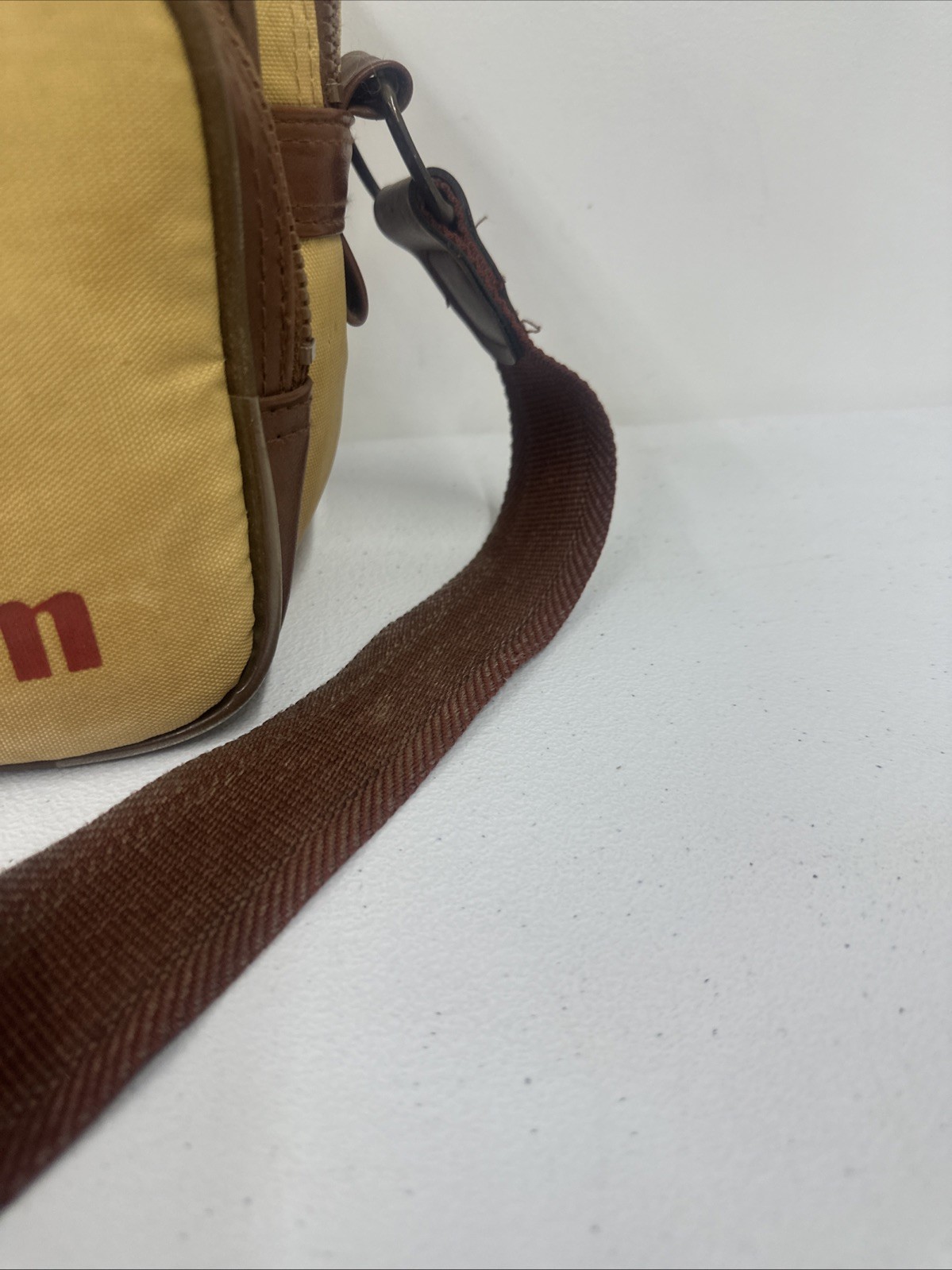 Canon Camera Bag Beige Brown Leather Canvas Zip Pockets W/Strap & Handle WORN