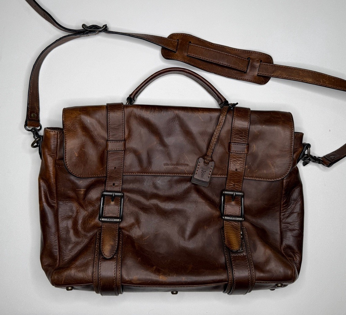 Frye Cognac Leather Logan Buckle Messenger Bag Laptop Utility Business Patina