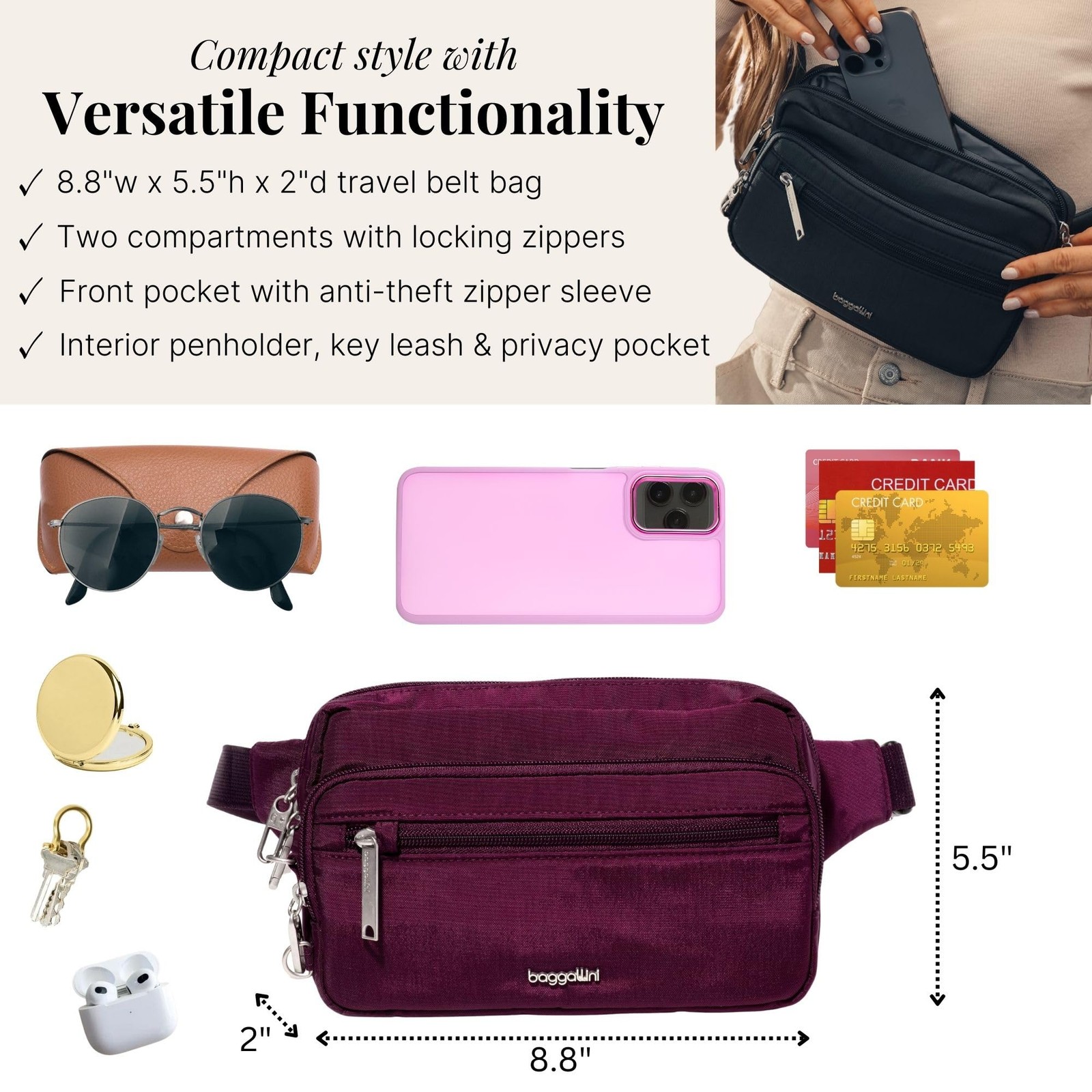 Baggallini Securtex Anti-theft Belt Bag 8.8″x5.5″ One Size, Mulberry