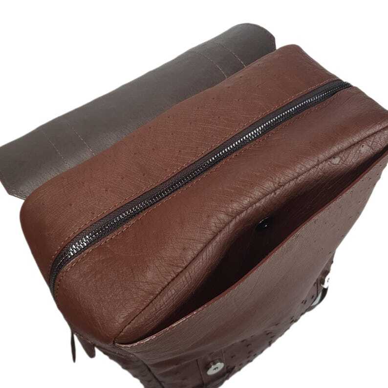Men’s Backpack GENUINE Ostrich Leather Exotic Luxury Large Brown Bag for Laptop