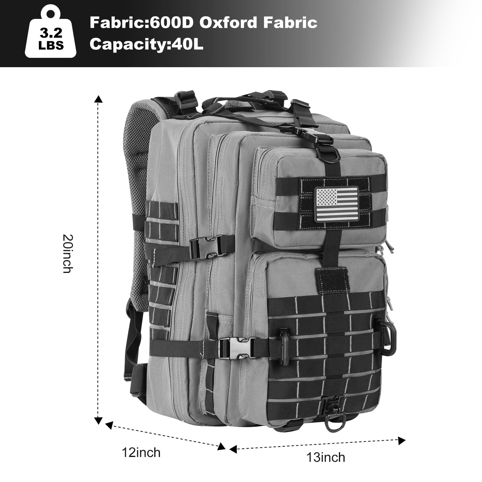 Tactical MOLLE Backpack Military Army 3-Day Rucksack w/USA Flag Patch Grey/Black
