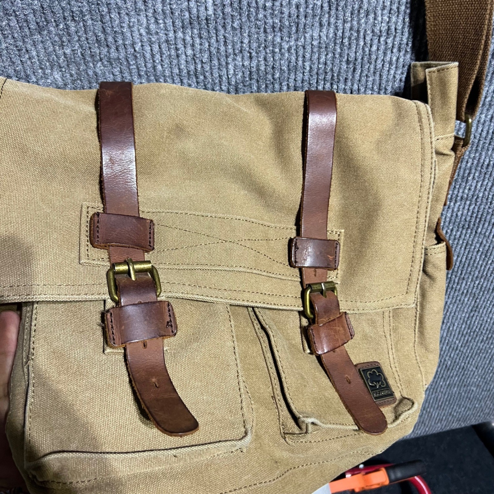 SC Cotton Messenger Bag Mens Large Tan Canvas Leather Trim Tactical Satchel