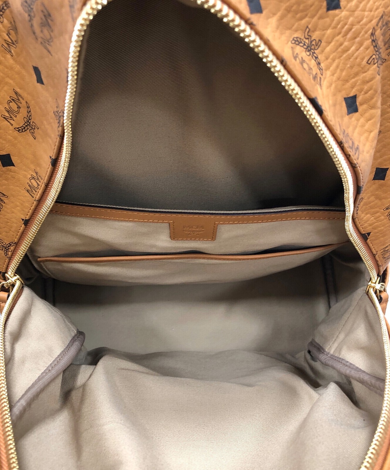 MCM Stark Visetos Brown Monogram Studded Leather Backpack Men Gold Tone 41cm