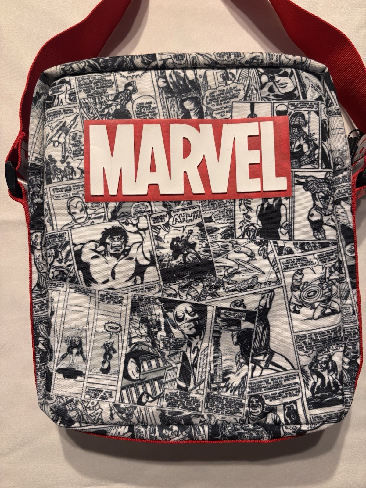 Marvel Comic Print Small Crossbody Bag Zip Closure, Adjustable Red Strap