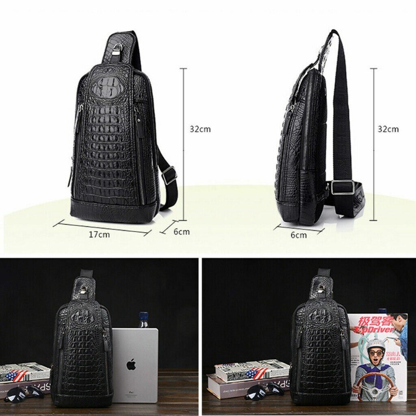 Mens Luxury Leather Crocodile Pattern Chest Bag Backpack Crossbody Travel Bag