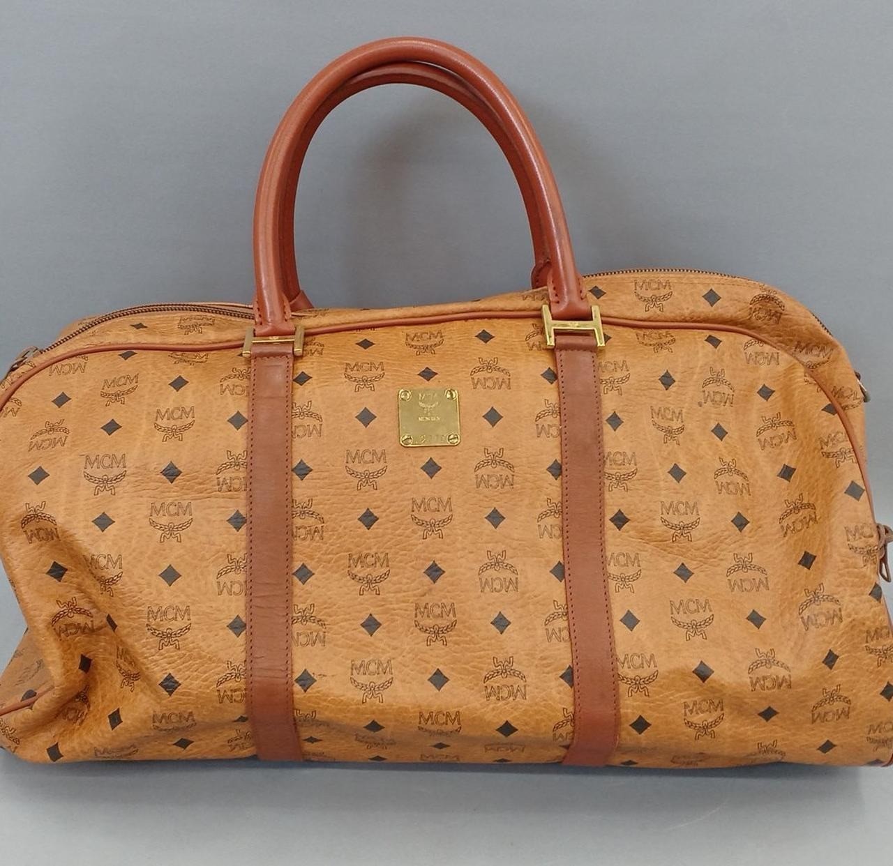 MCM Authentic Visetos Logo Handbag Camel Boston Bag Vintage w/ Shoulder Strap