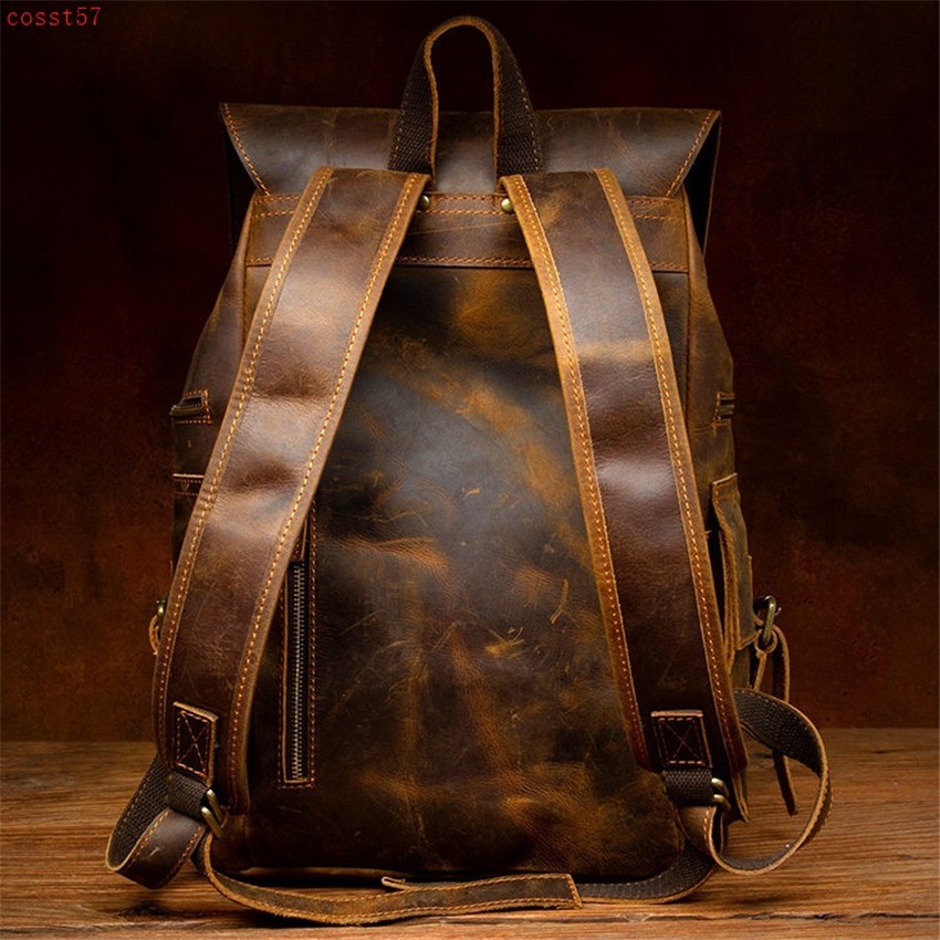 Vintage Handmade Leather Backpack Travel Bag Drawstring Multi Pocket Hiking Bag