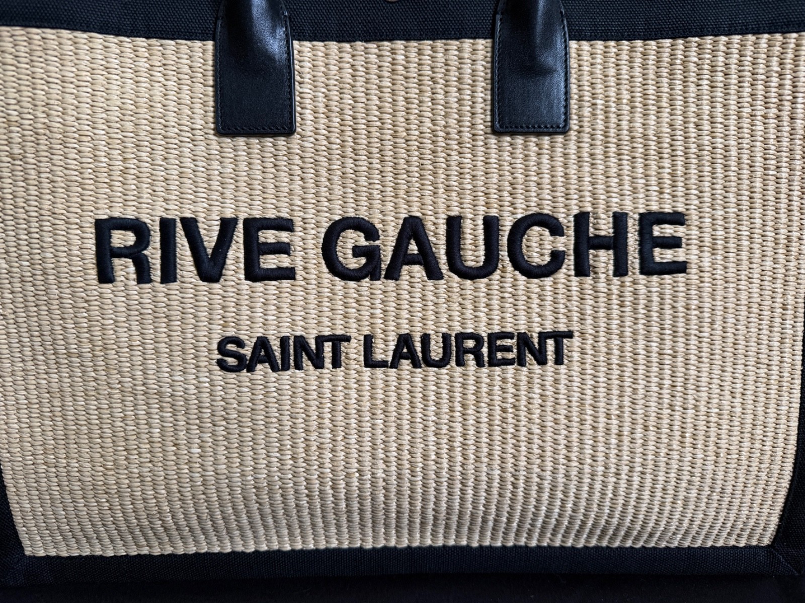 NWT Saint Laurent YSL Rive Gauche Raffia Beige Black Canvas Logo Tote Bag $3450