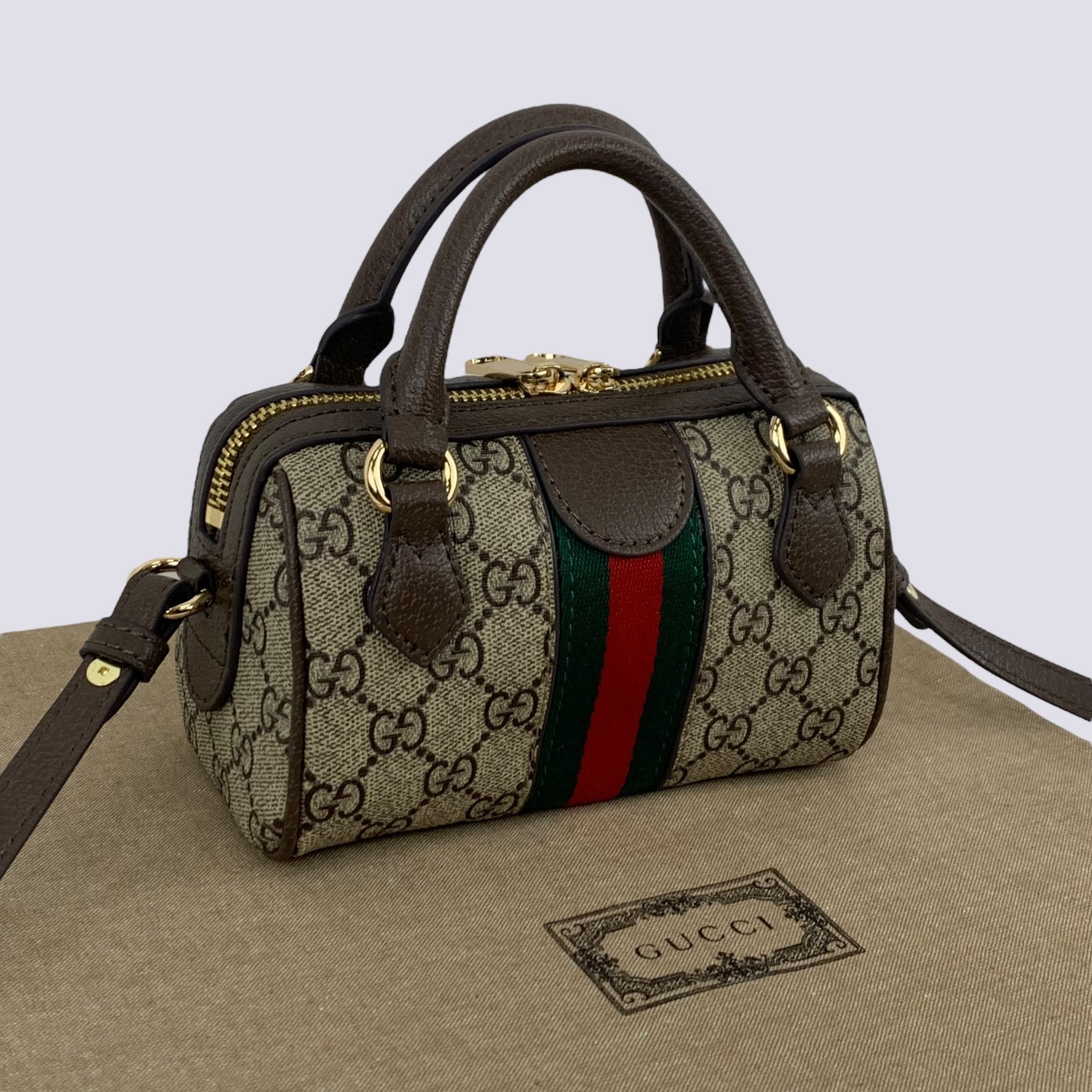 Gucci GG Monogram Logo Ophidia Top Handle & Shoulder Super Mini Bag Beige 781490