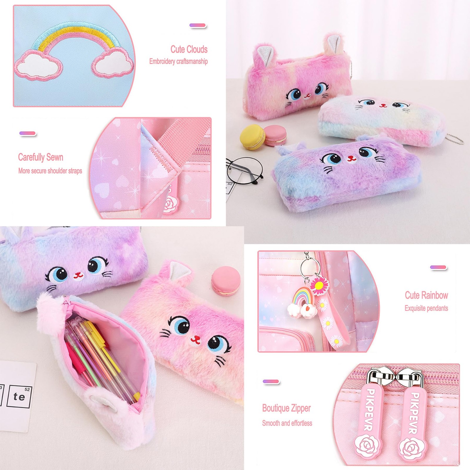 Girls Rainbow School Backpack for Elementary,Kawaii Bookbag 17.5in