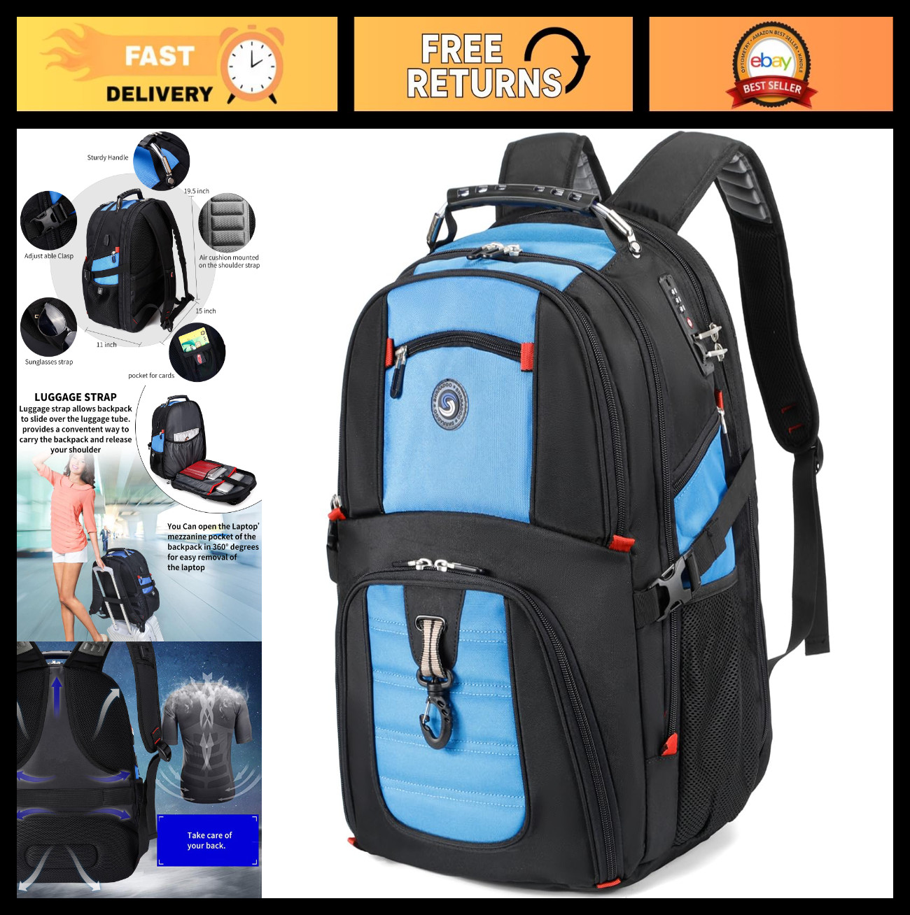 Extra Large 50L Travel Laptop Backpack, Airline Approved, Fits 17″ Laptops, Blue