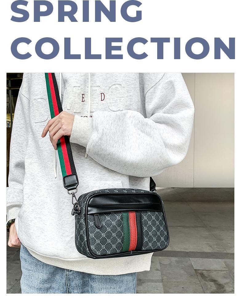 Casual Sling Bag Men PU Leather Messenger Crossbody Color Block Trendy Wide Stra