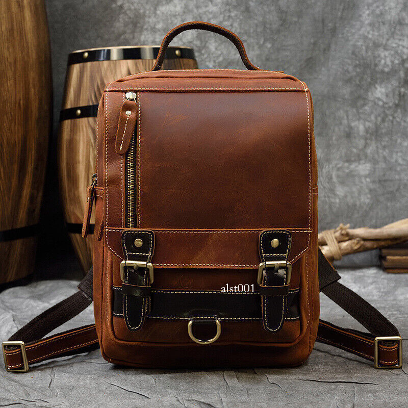 Vintage Men Crazy Horse Leather Backpack Sports Chest Bag Crossbody Bags Outdoor