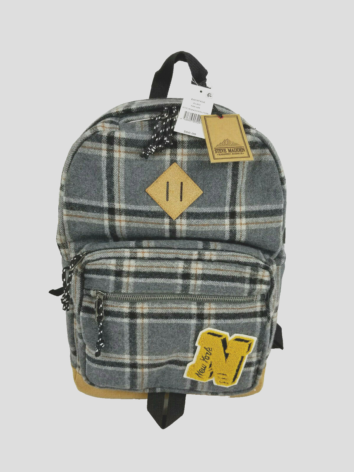 Steve Madden Plaid Flannel Grey Backpack Collegiate New York “N” Patch NEW