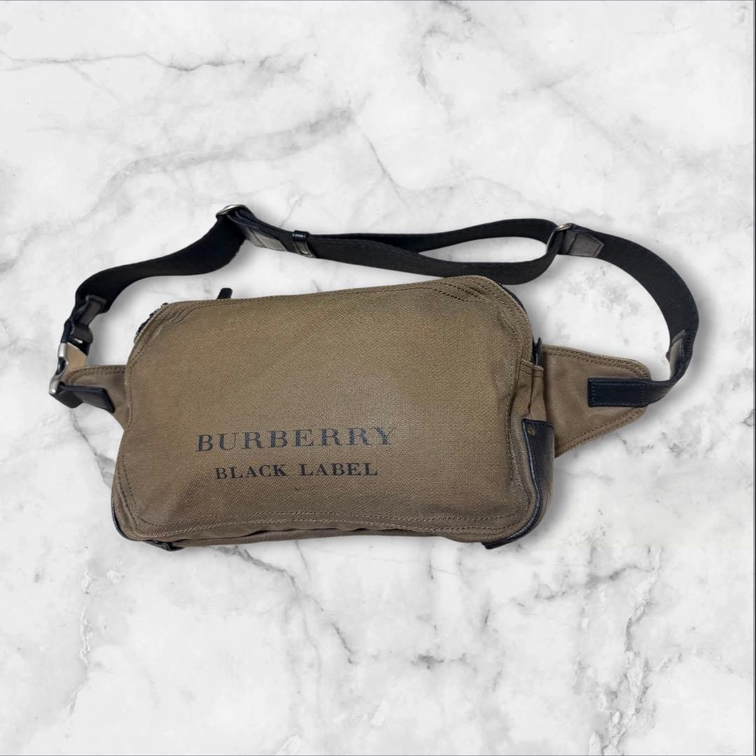 Authentic BURBERRY BLACK LABEL Khaki Canvas Leather Body Bag Waist Bag 30cm Trav