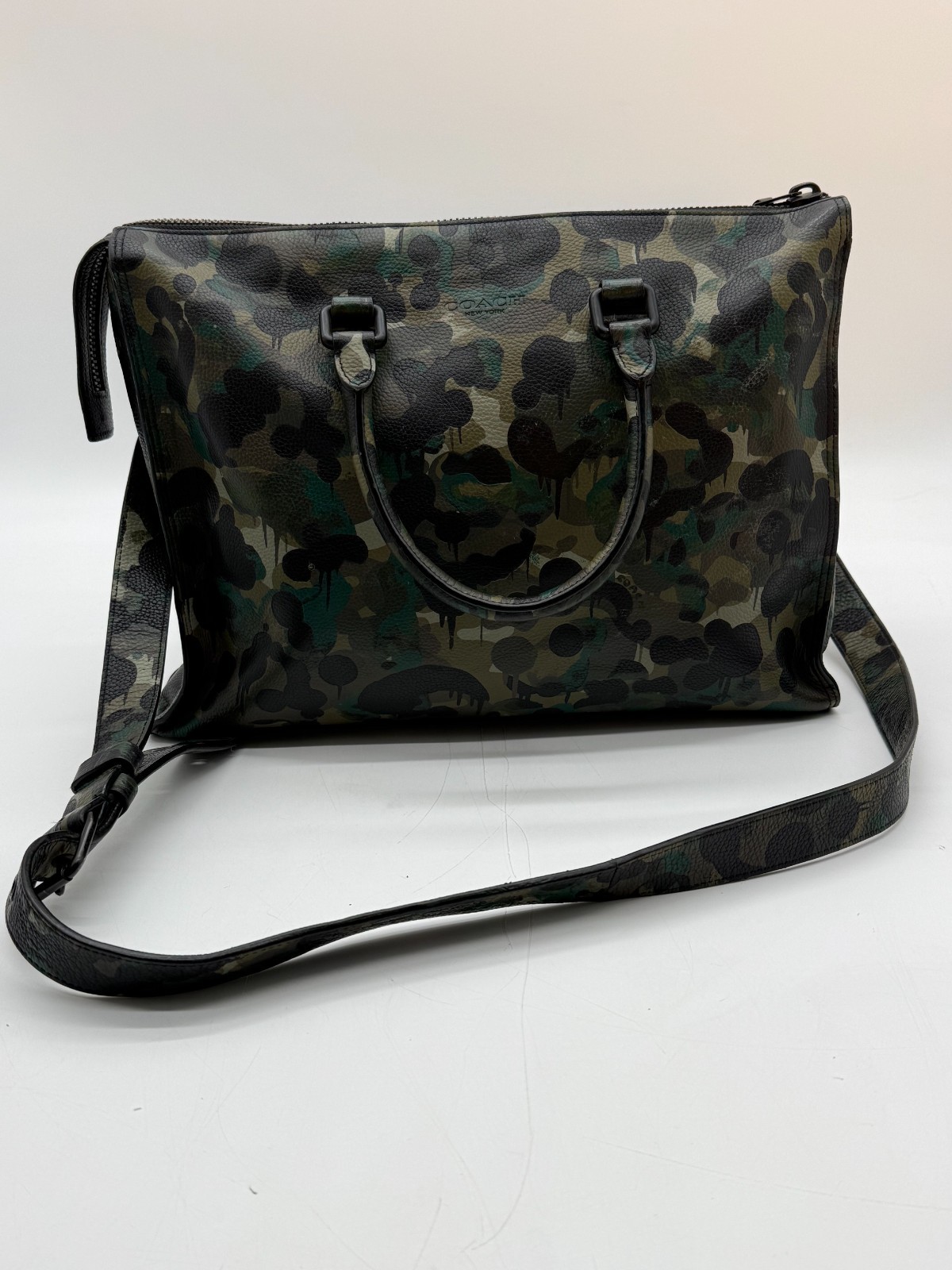 Coach Camo Print Leather Satchel Crossbody Bag Black Green Gunmetal Hardware