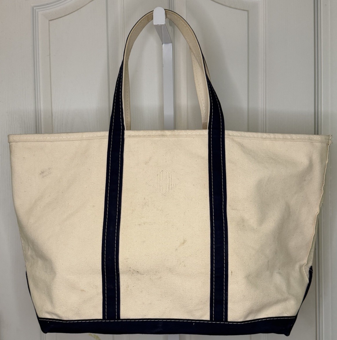 Vintage 1980’s LL Bean Boat and Tote XL Off White Blue Trim Canvas Bag Preppy
