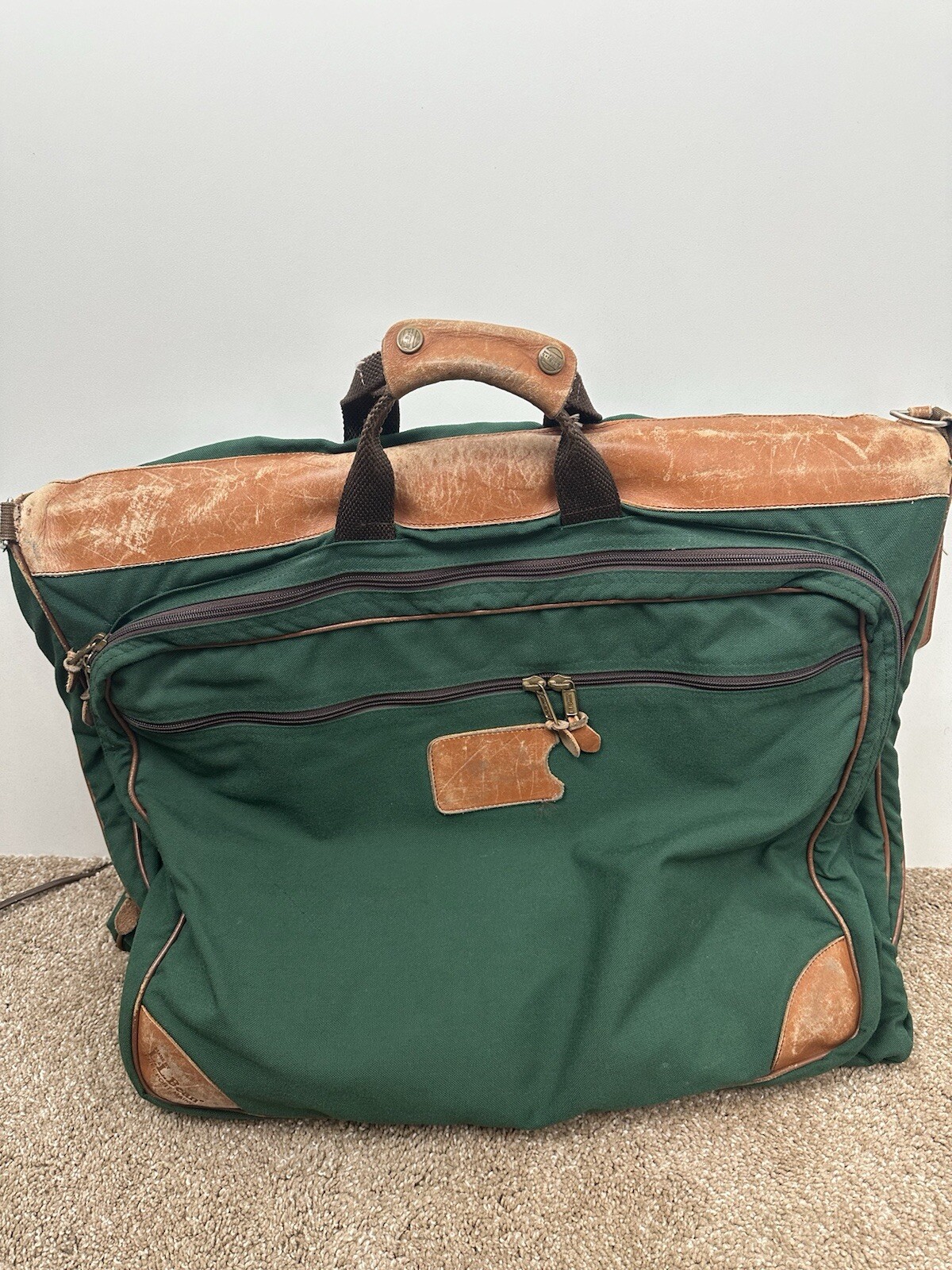 80s 90s LL BEAN Green Canvas Leather Folding Garment Carrying Bag Travel Vintage