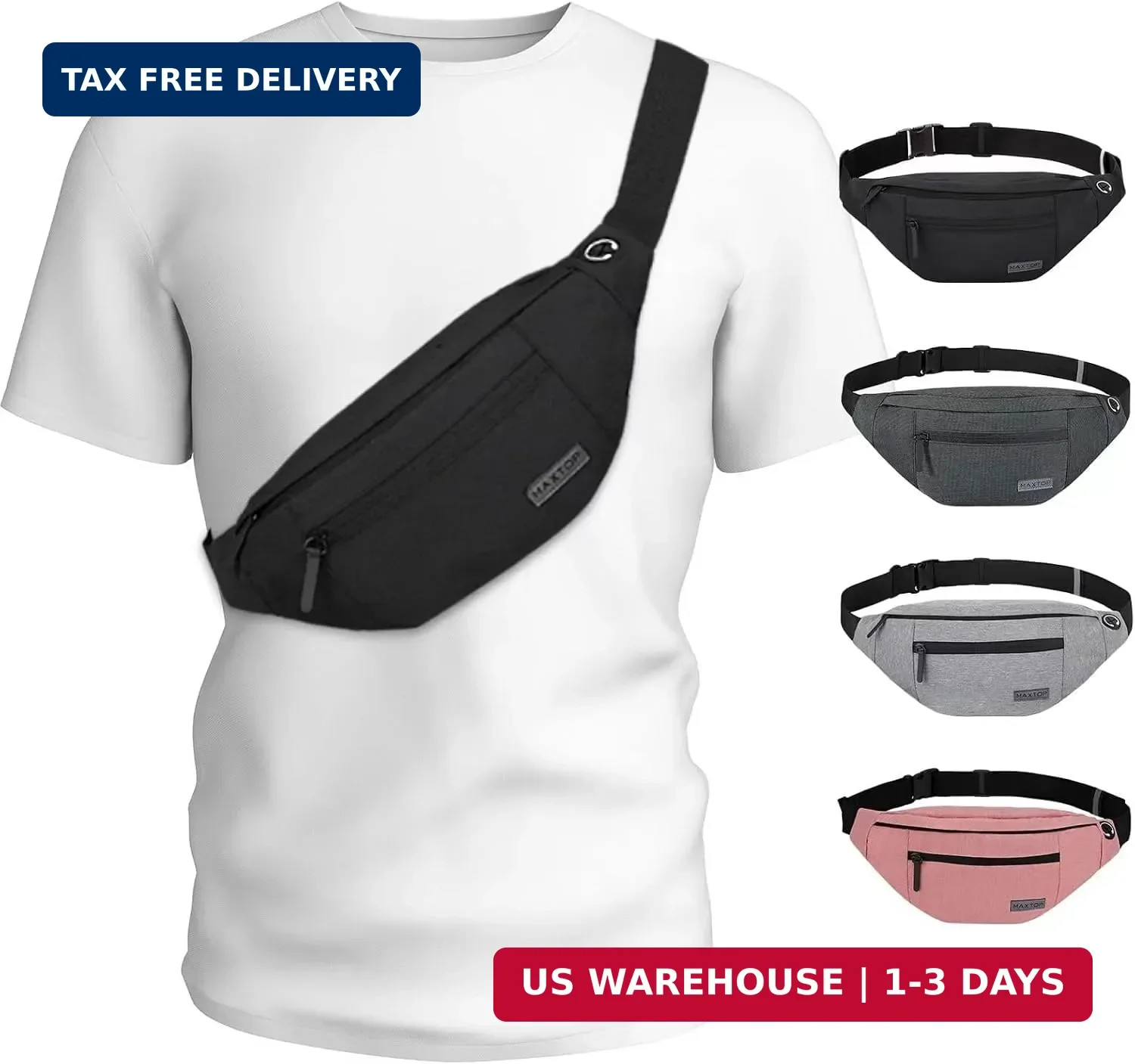 Large Crossbody Fanny Pack 4 Zipper Pockets Waist Bag Phone Wallet Travel