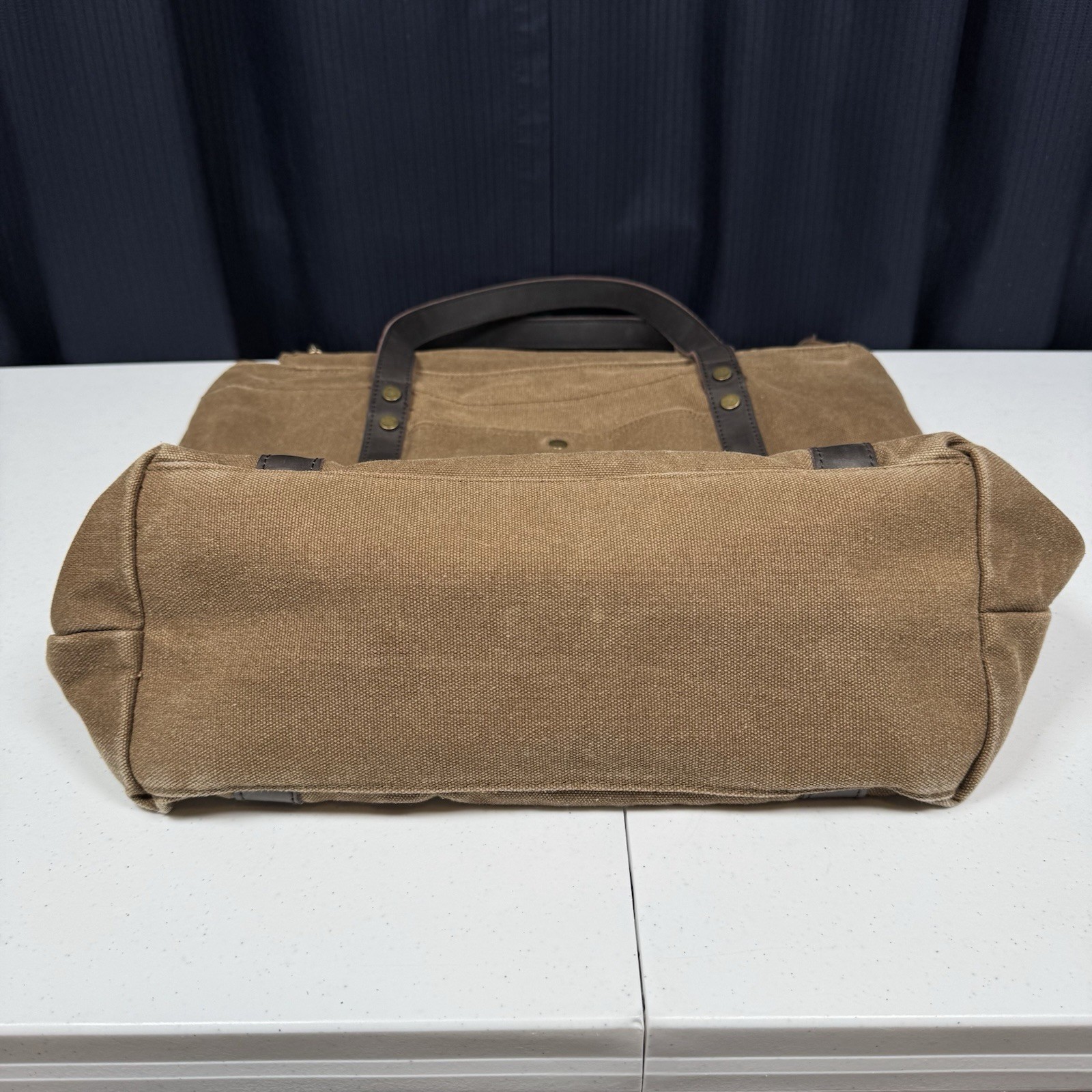 Beryll Brand Army Khaki Green Canvas Tote Bag Leather Straps 15.5″