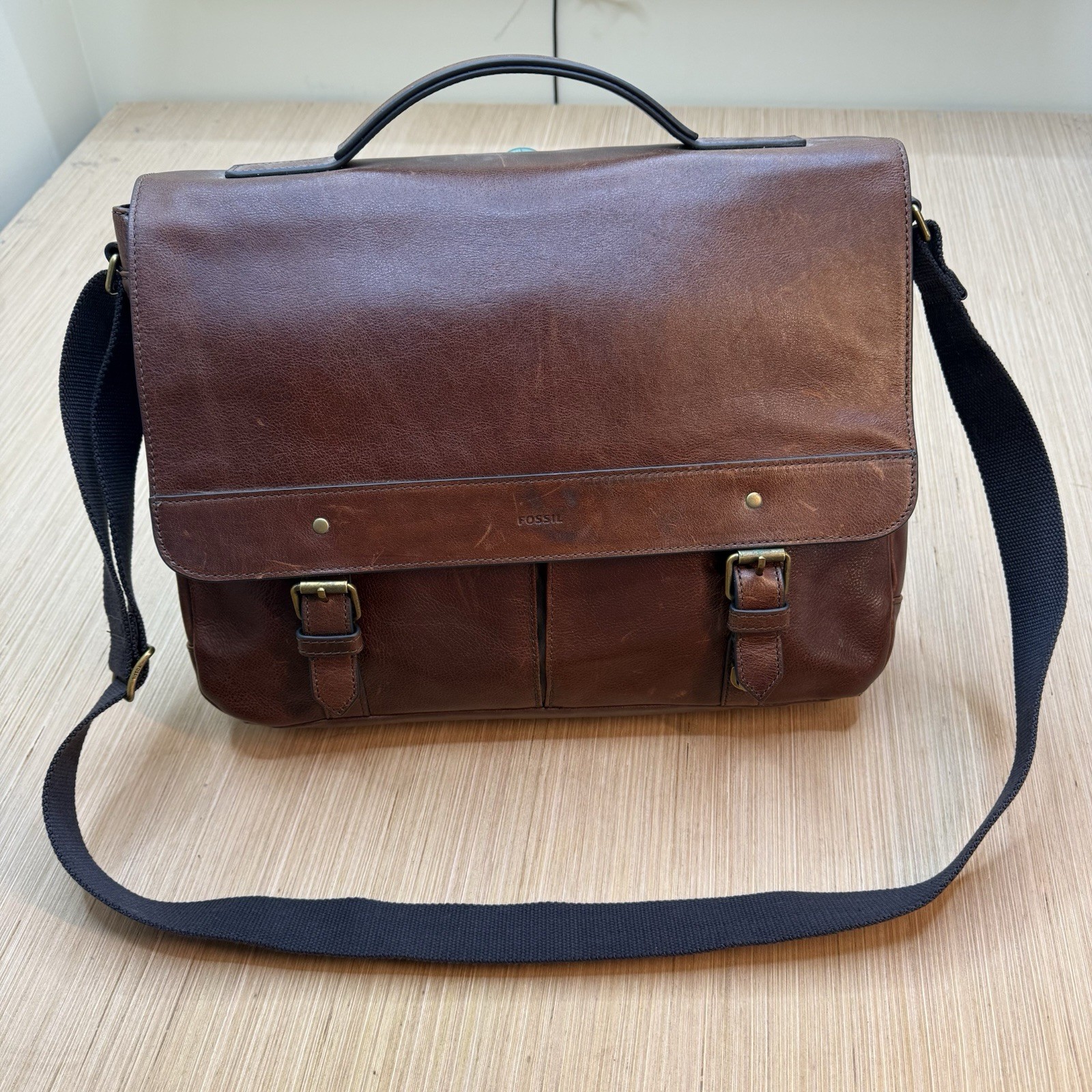 FOSSIL Rich Brown Leather Messenger Satchel Computer Laptop Cross Body Bag 16×12