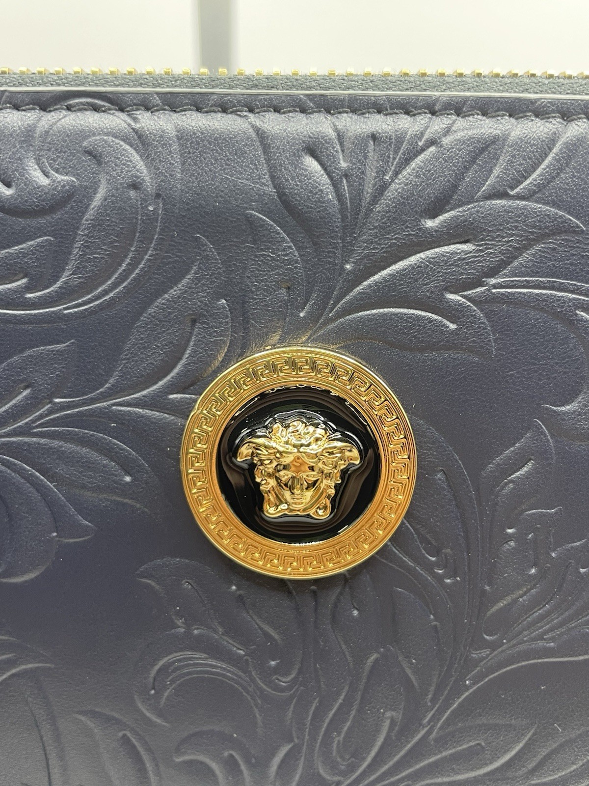 Versace Pouch Embrossing Calf Leather Navy Blue $900 Retail