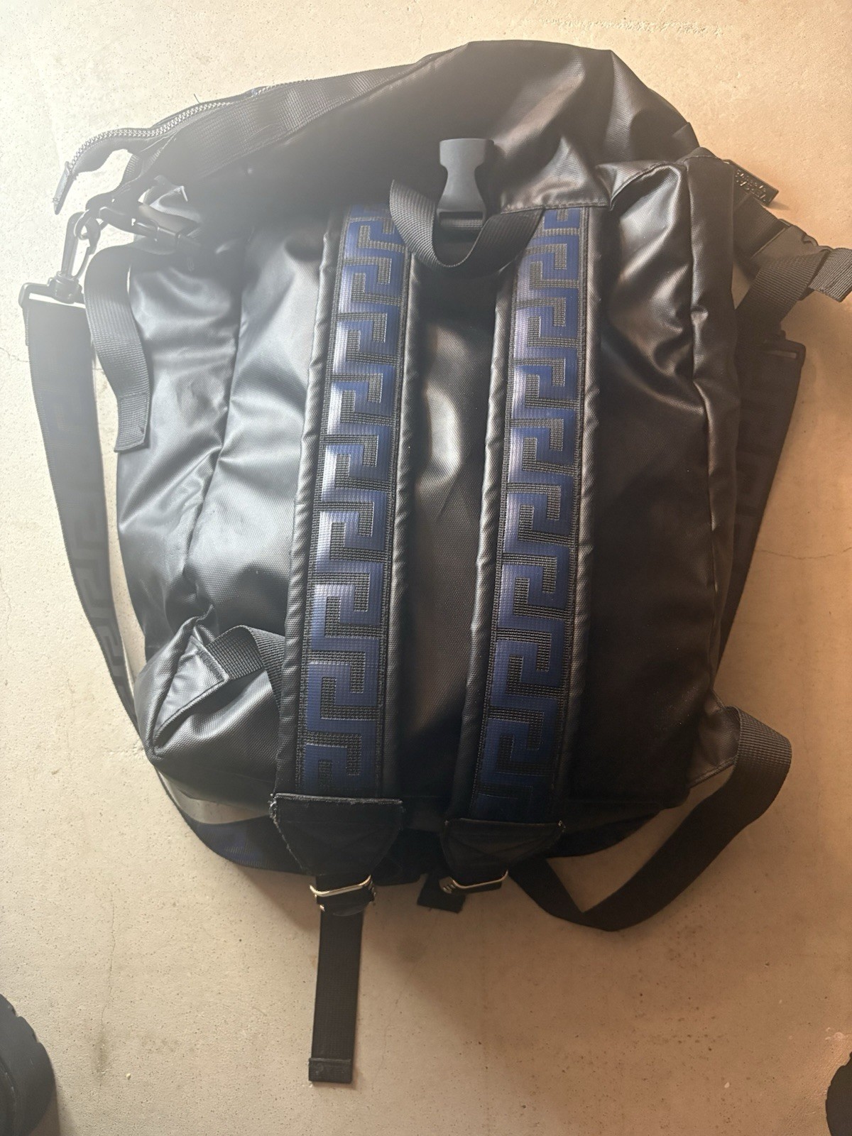 Versace Men’s Black Backpack Blue Straps Zip Closure Adjustable Shoulder Strap