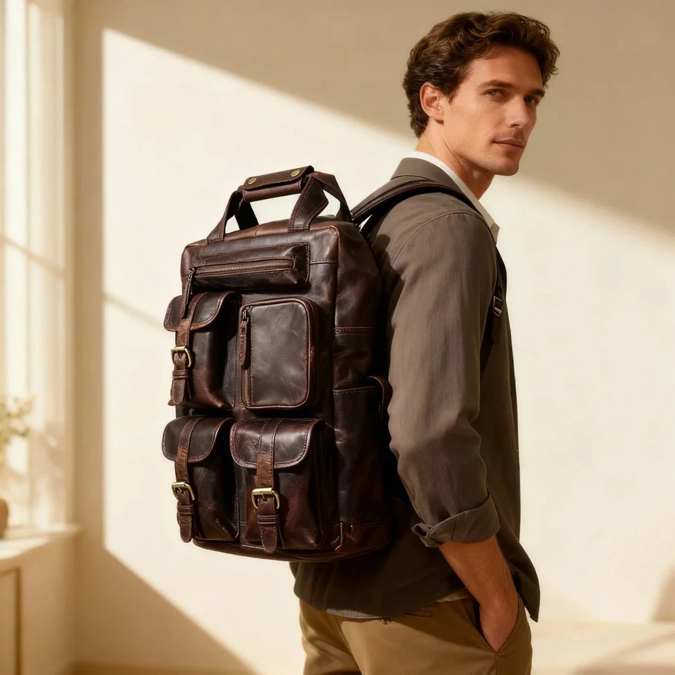 Professional Brown Leather Messenger Backpack Distressed Business Travel Rucksac