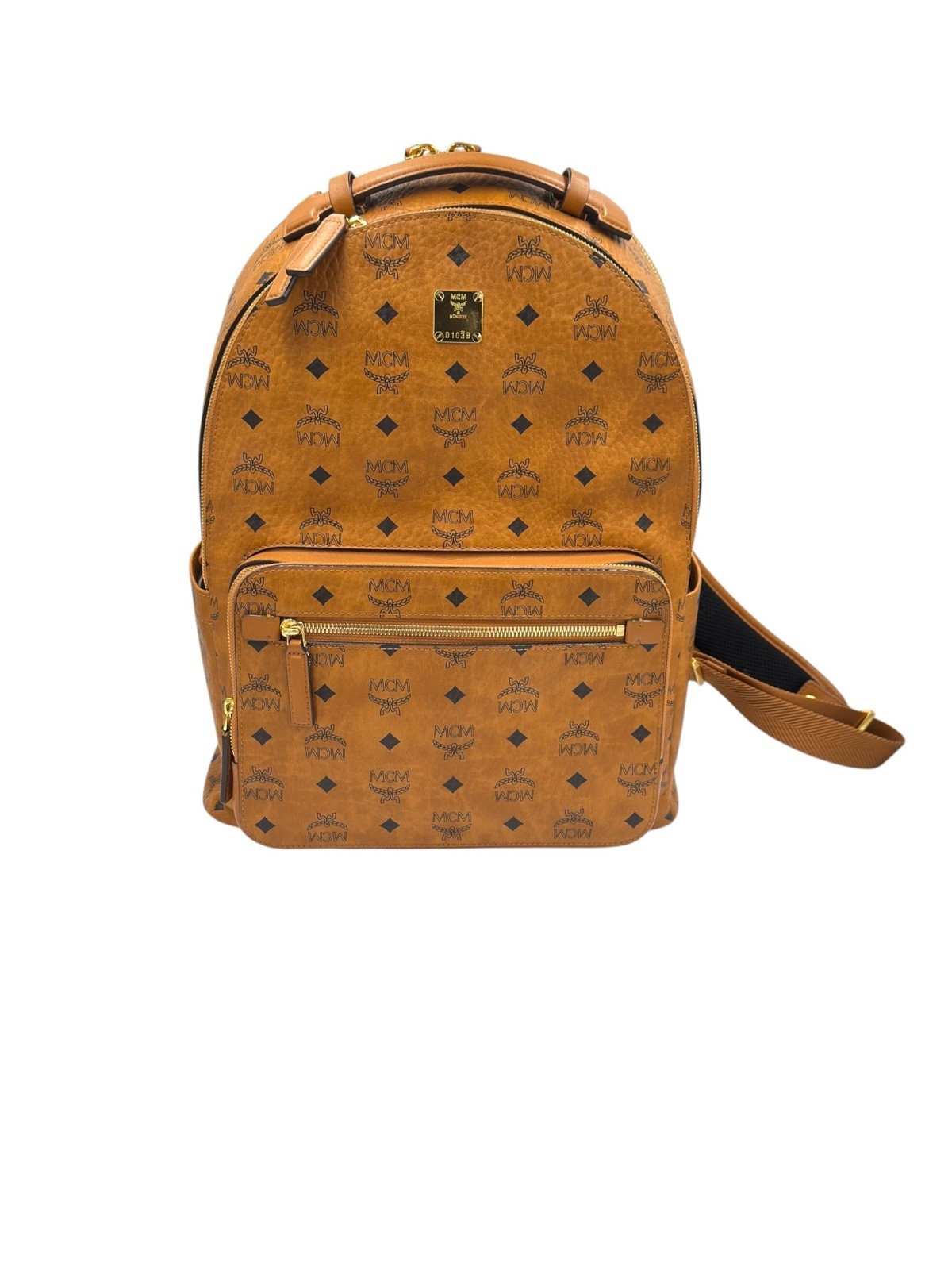 Authentic MCM Stark Visetos Cognac Medium Backpack Gold Hardware Brown