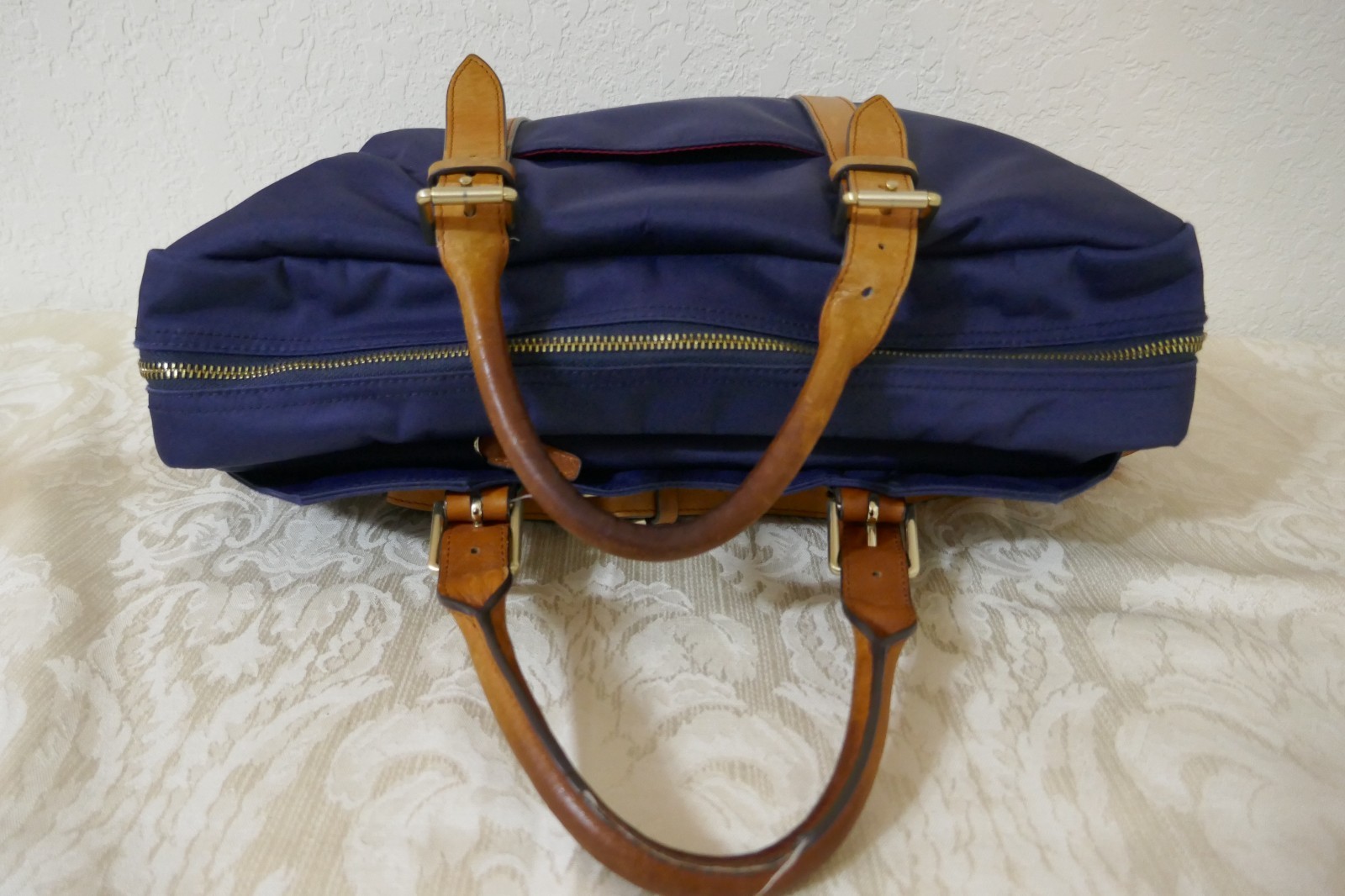 STUART O LAU The Cary Blue Nylon Briefcase Tan Leather Trim Red Interior