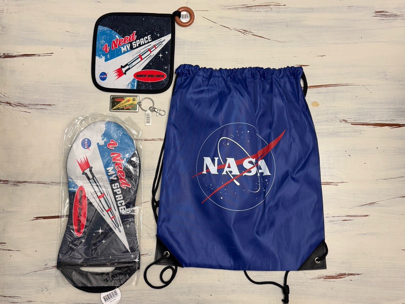 NASA Drawstring Backpack with I Need My Space Oven Mitt, Pot Holder, & Key Chain