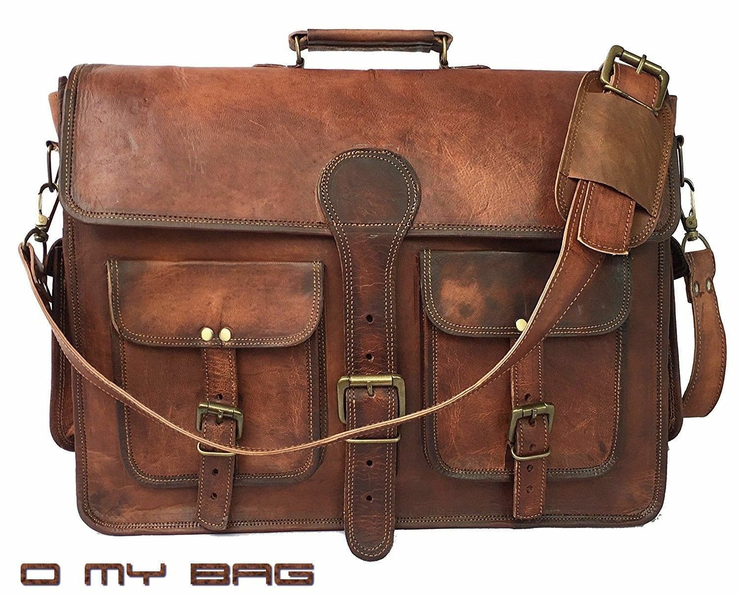 Brown vintage goat leather messenger Real satchel bag genuine laptop briefcase