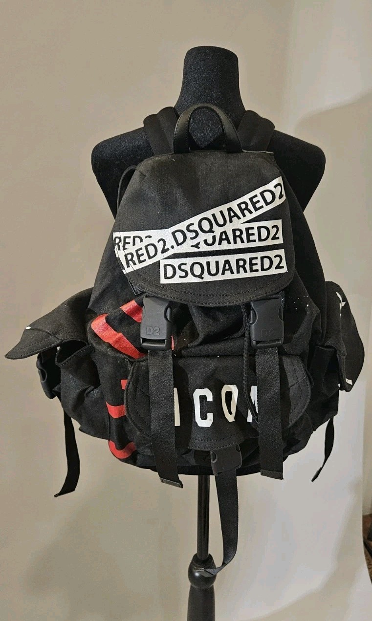 DSQUARED2 Black Graphic Print Backpack Buckle Drawstring, Adjustable Strap