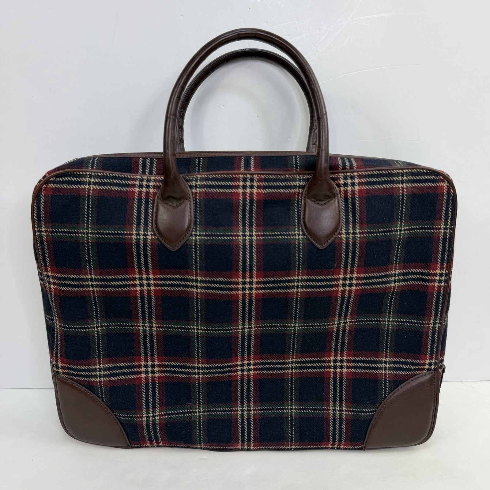 VTG Brooks Brothers Wool & Leather Briefcase Handle Bag Zipper Blue Plaid – 17”