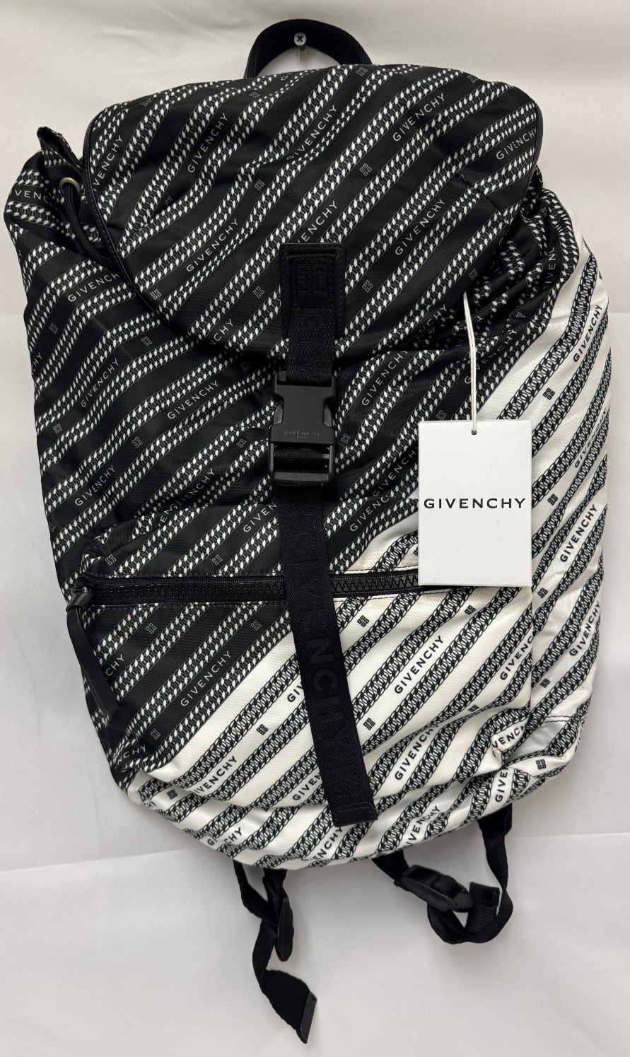 Givenchy Light 3 Chain Logo Print Two-tone Stripe Backpack Black White NWT
