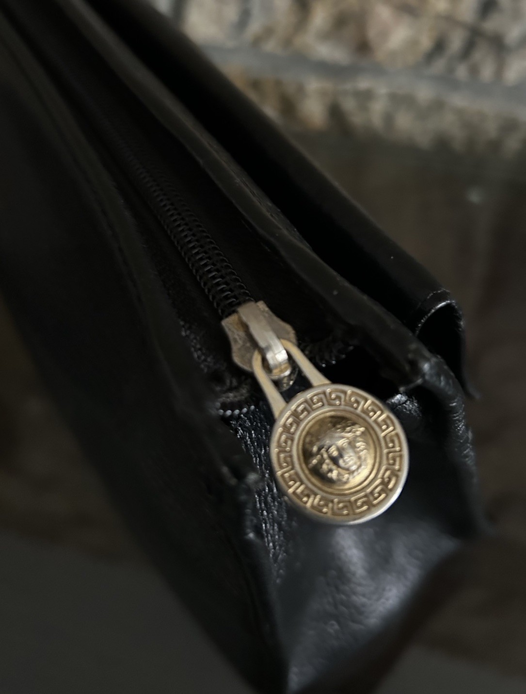Gianni Versace Clutch Bag Unisex Pebbled Leather Pouch Medusa Zip Pockets Black