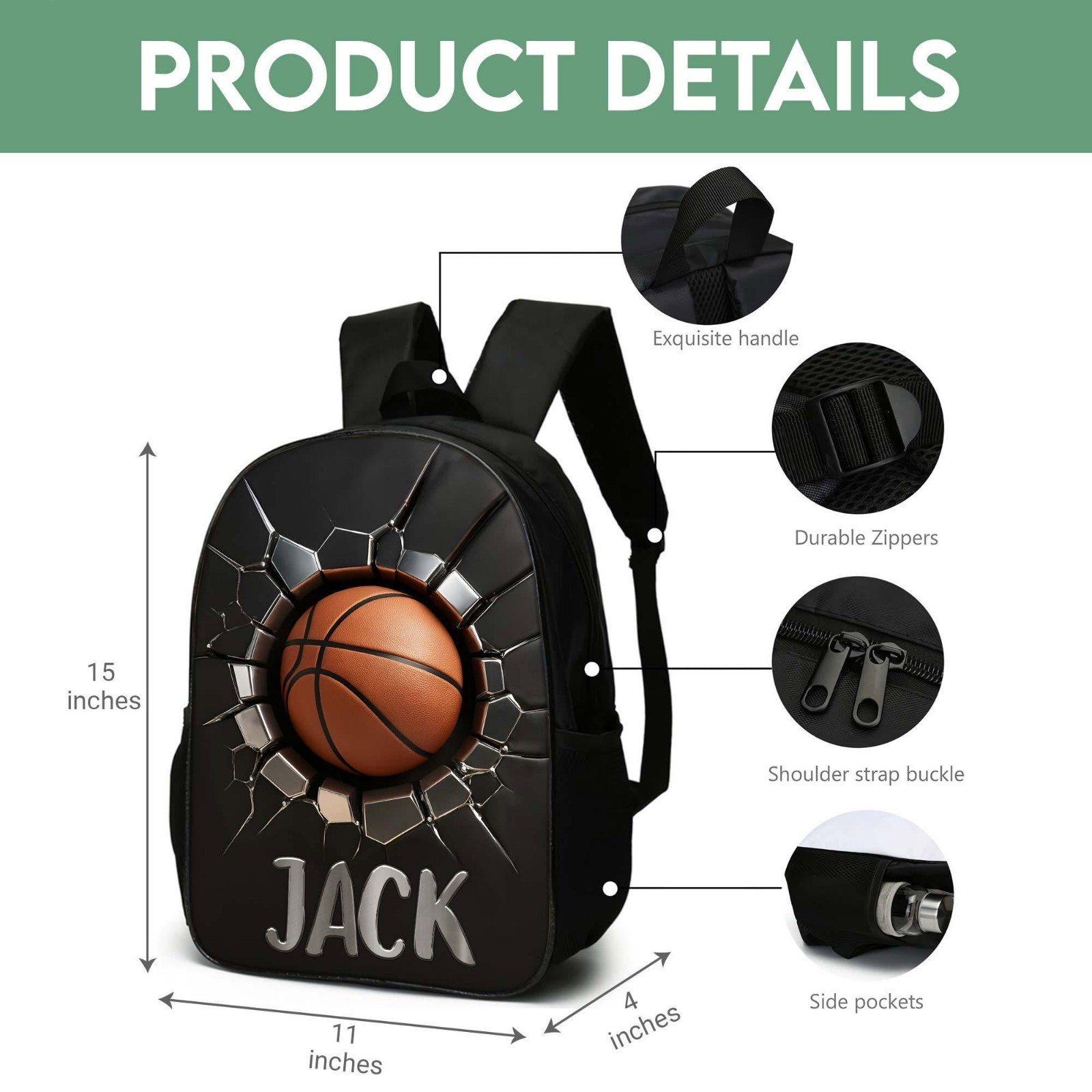 Custom 3D Basketball Backpack Set with Water Bottle Lunch Bag Boys School Gift